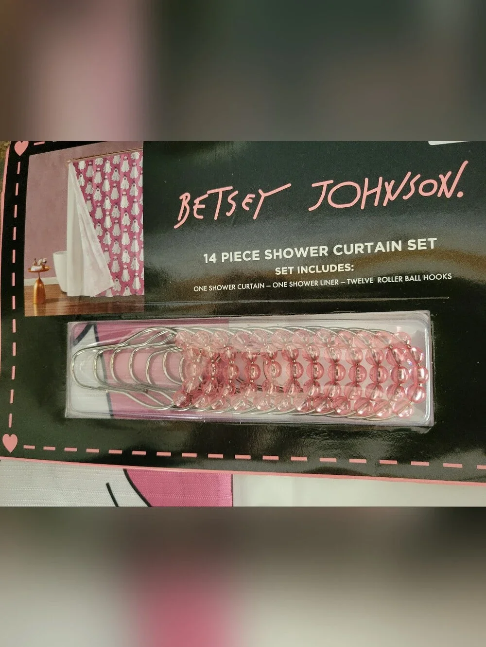 New Betsey Johnson Hey Boo Pink Ghost Shower Curtain Set White Bows